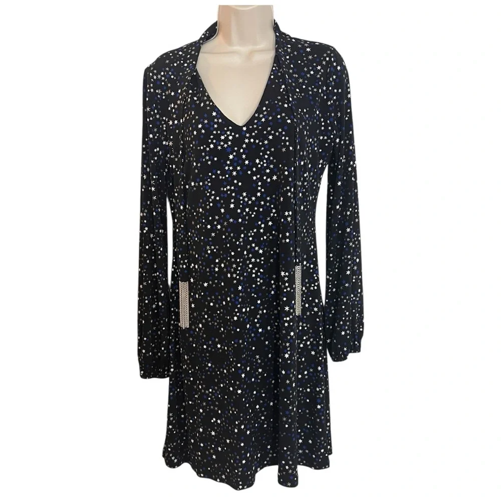 Michael Kors Star Foil Metallic Shift Dress Short Black Mini Dress Medium